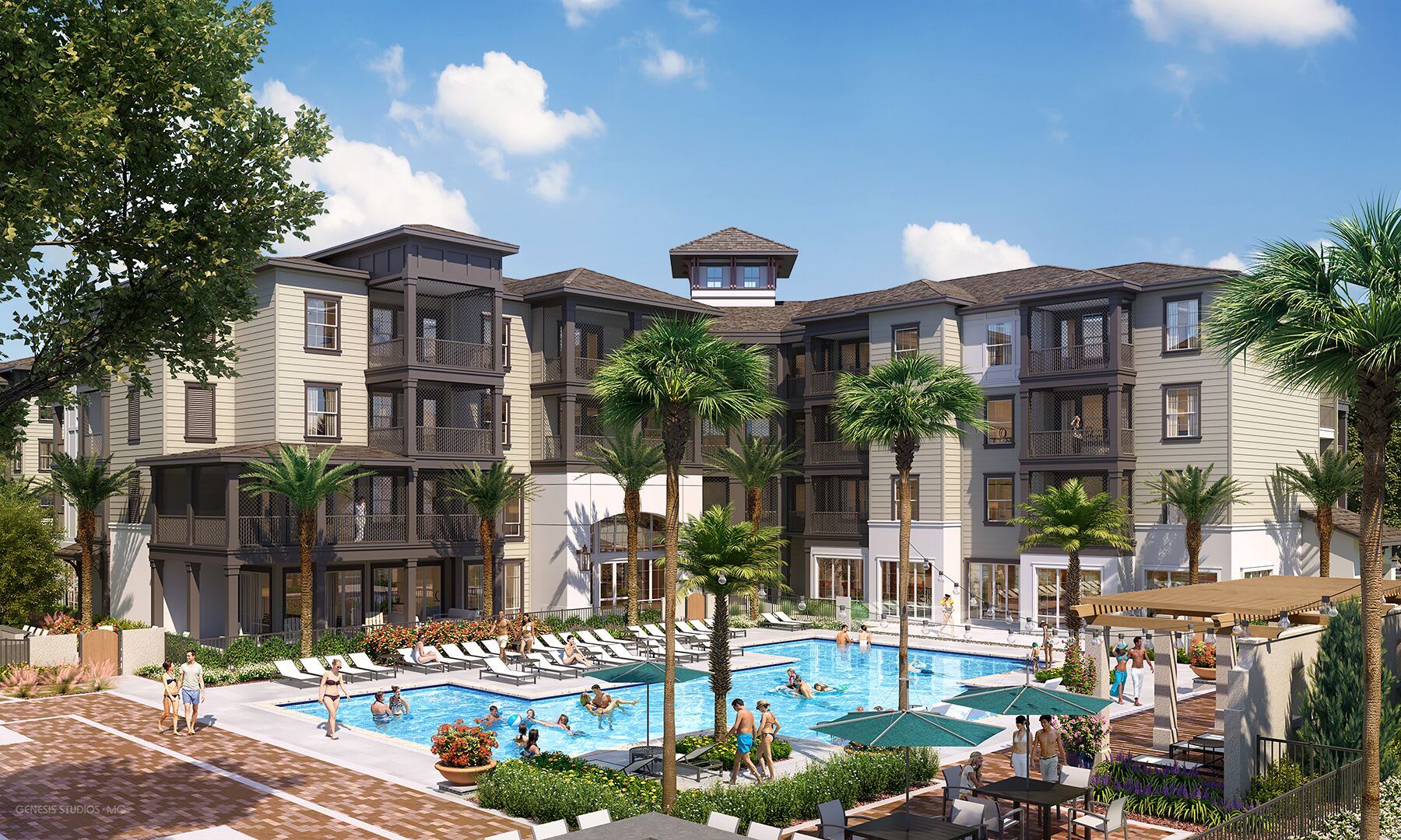 Harrison Apartments pool area rendering - Sarasota, FL